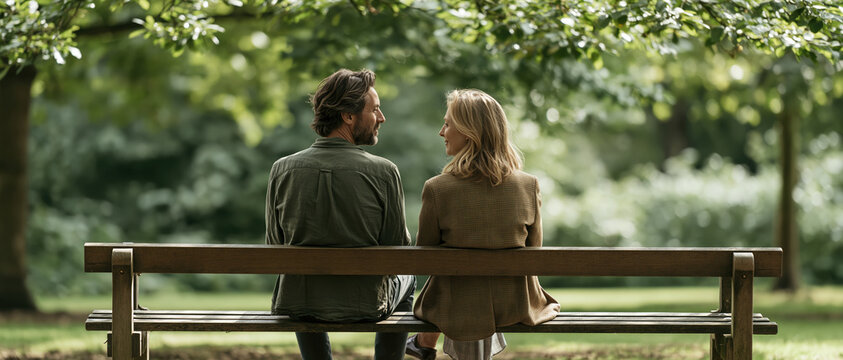 Genuine connection unfolds as a smiling couple share an intimate conversation on a wooden bench, surrounded by lush green trees. Ideal for wellness, therapy, relationship, and mindfulness.