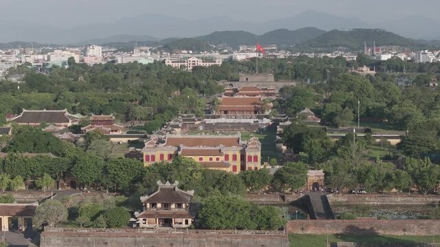 Aerial drone view of Hue Imperial Citadel featuring Ngo Mon Gate, Thai Hoa Palace and Kien Trung Palace, showcasing Vietnam's UNESCO royal heritage, ancient architecture and cultural landmark.