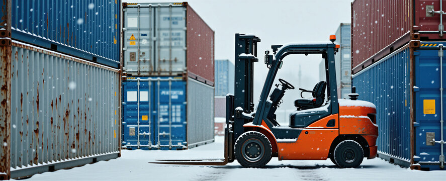 Bright orange forklift stands parked between large metal shipping containers at outdoor terminal. Heavy machinery operates in winter season during snowfall. Cold weather logistics environment