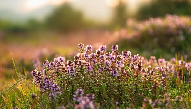 Wild Thyme Thymus Serpyllum Growing In A Natural Summer Meadow