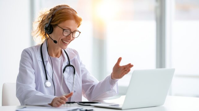 Female doctor providing online consultation, communicating with patient via laptop, delivering healthcare support