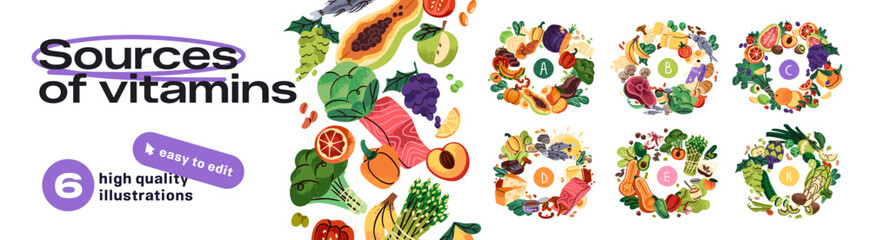 Set of round borders of groups of vitamins sources. Circle frames from fruit, vegetables, dairy products. Healthy food with nutrients for proper nutrition. Flat isolated vector illustrations on white © Paper Trident