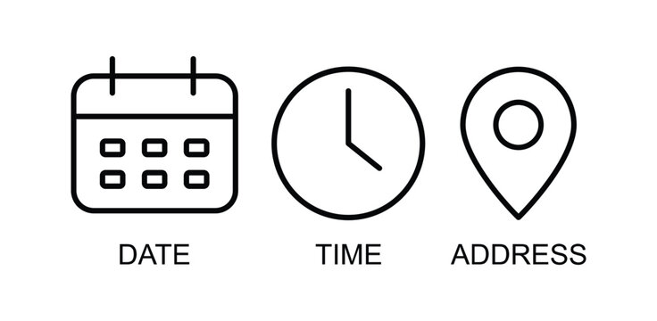 Time, date and address icon set vector. Clock, calendar, location pin marker signs. Vector Illustration