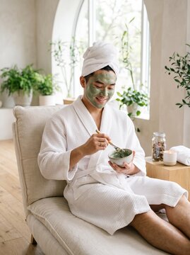 Young asian man with a towel wrapped around his head mixes a green facial mask in a small bowl using a brush, sitting comfortably in a robe. Beauty, spa, skin care concept. Men taking care of skin
