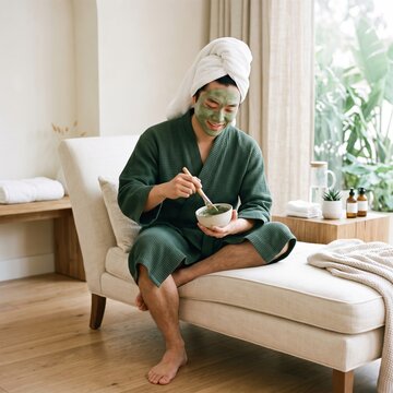 Young asian man with a towel wrapped around his head mixes a green facial mask in a small bowl using a brush, sitting comfortably in a robe. Beauty, spa, skin care concept. Men taking care of skin