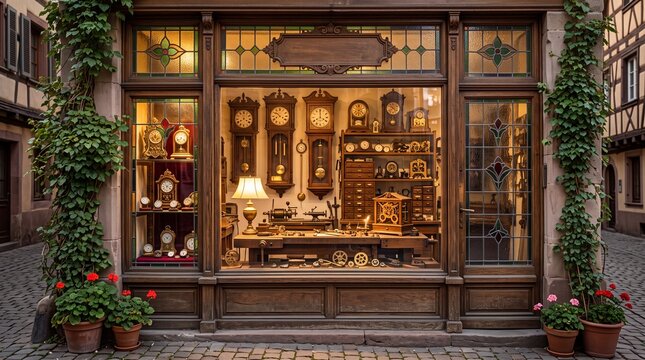 a watchmaker's window with handmade stained glass in an oak frame, with various clocks in the store