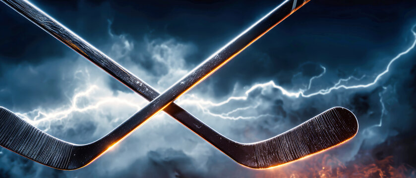 High-speed capture shows two hockey sticks in a dynamic clash fo