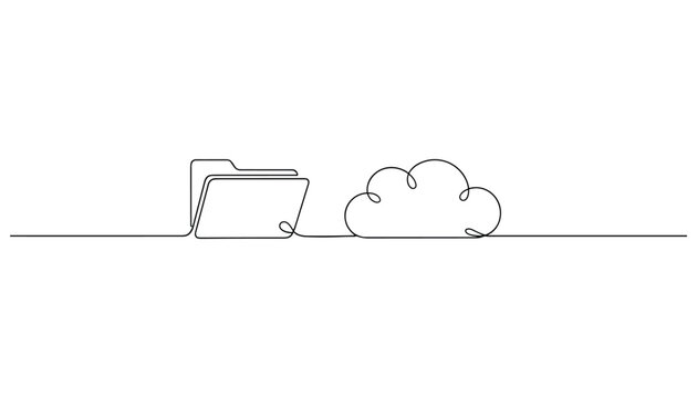 Continuous one line drawing of a computer folder connected to a cloud symbol representing data storage technology.