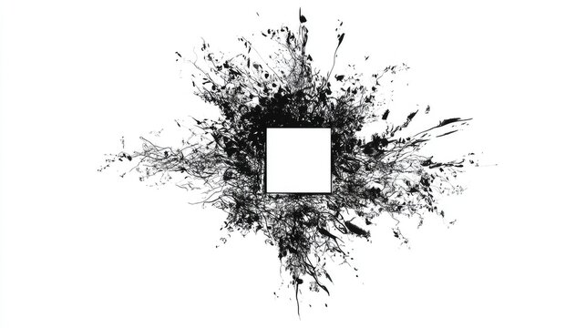 Abstract black and white explosion of paint splatter with empty white square in center, perfect for creative designs or modern art concepts