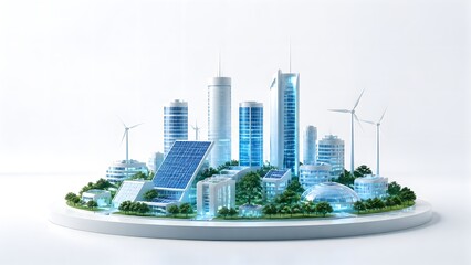 Futuristic 3D render of a sustainable smart city model on a circular platform featuring solar panels, wind turbines, modern skyscrapers, and green trees on a clean white studio background.