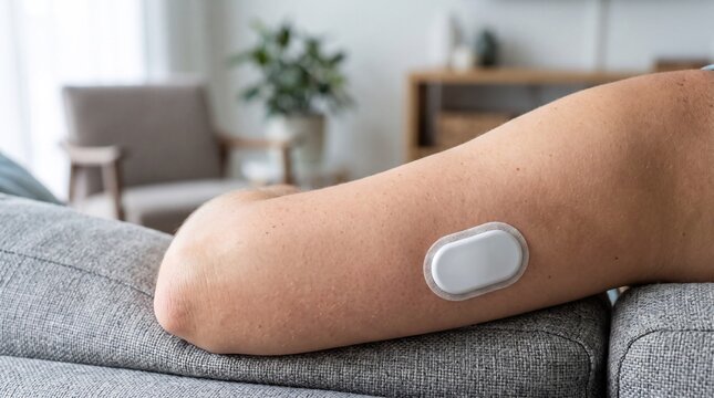 Close up view of a person wearing a white continuous glucose monitor sensor on their upper arm for diabetes management, ideal for healthcare and wellness marketing materials