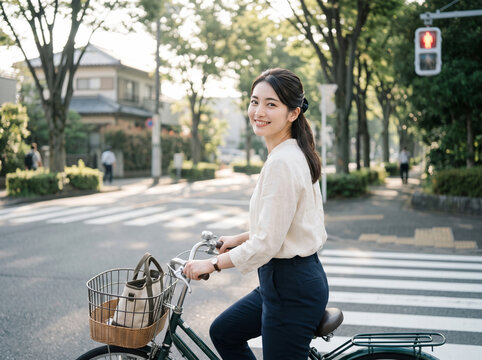 自転車に跨り街角で爽やかな笑顔を見せてこちらを振り返る女性