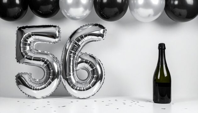 Silver Number 56 Balloon with Champagne Bottle Celebration Setup
