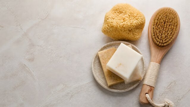 Natural Organic Spa and Body Care Products with Handmade Soap Bars, Wooden Massage Brush, and Natural Sea Sponge on Beige Stone Background for a Sustainable Zero Waste Wellness Concept.
