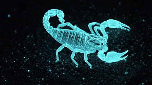 Futuristic Glowing Blue Neon Scorpion Digital Hologram Concept with Particle Effects on Black Background