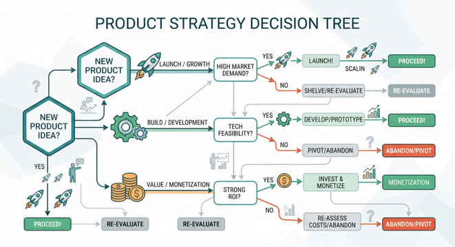 Product strategy decision tree; OKR, KPI, roadmap and prioritization steer GTM, PMF, pricing and ROI.