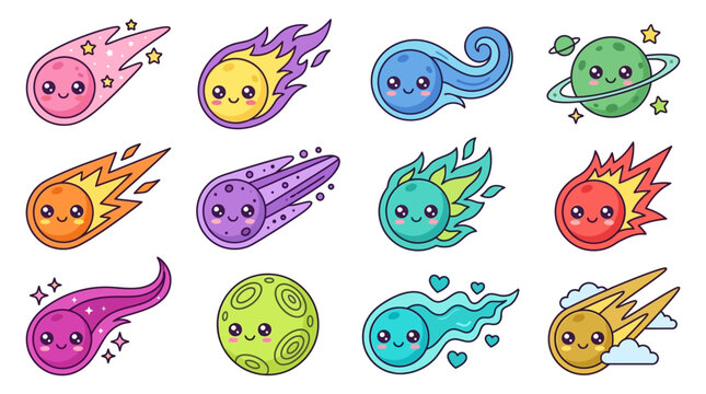 Colorful cartoon meteorites with cute faces.