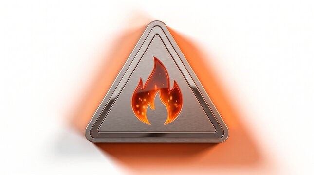 Metallic fire warning sign with glowing flame icon