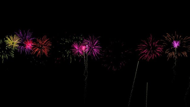 Colorful glowing fireworks explosion for celebration background. fireworks celebration during a summer event. fireworks explosion overlay animation loop, Merry Christmas And Happy new year concept. 