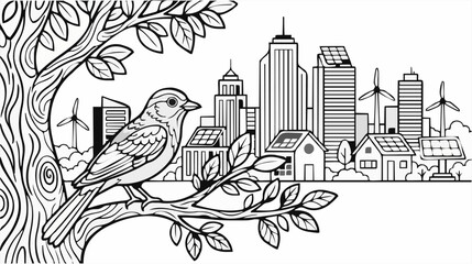 Black and White Coloring Page Vector Illustration of a Bird Perched on a Tree Branch with a Modern Eco-Cityscape Background Featuring Solar Panels and Wind Turbines © Fannyy