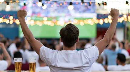 Fototapeta premium Excited fan celebrating watching a sports competition on a large outdoor screen with friends, enjoying beer and atmosphere