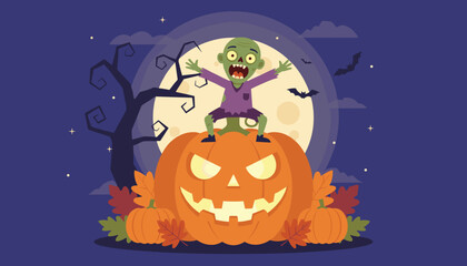Fototapeta premium Cheerful cartoon zombie character dancing on top of a large glowing jack-o-lantern pumpkin under a bright full moon night.