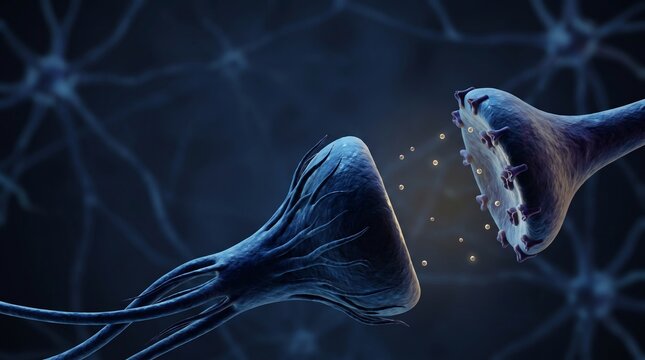 Scientific 3D visualization of a synaptic gap with neurotransmitters transferring between neurons, deep blue aesthetic with copy space for neurological research content