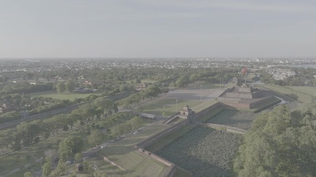 Aerial drone view of Hue Imperial Citadel featuring Ngo Mon Gate, Thai Hoa Palace and Kien Trung Palace, showcasing Vietnam's UNESCO royal heritage, ancient architecture and cultural landmark.