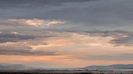 Fototapeta premium Serene Sunrise Over Tranquil Landscape with Soft Clouds and Gentle Hues in the Sky, Evoking a Sense of Peace and Calmness in Nature's Beauty