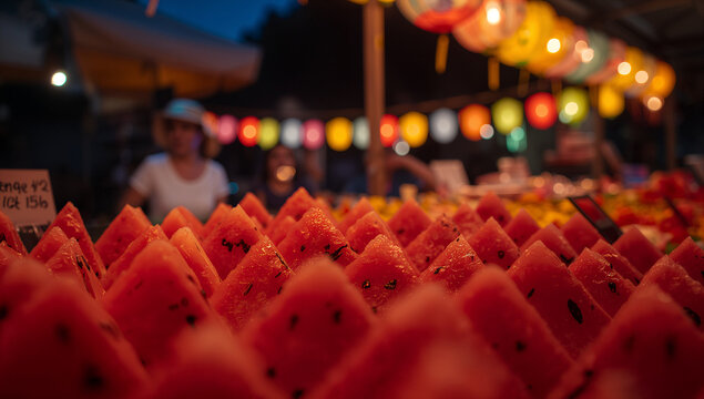 色鮮やかに輝く提灯を背景に夏祭りの夜店に並ぶカットされた赤いスイカ