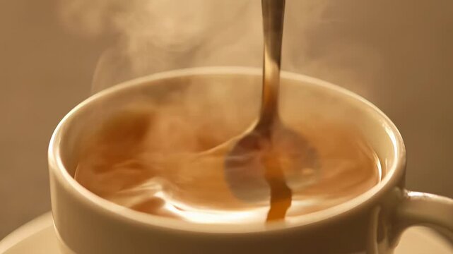 ?Steaming spoon stirs tea in mug: closeup of swirling hot beverage