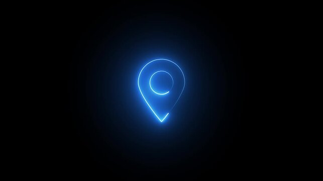 Glowing blue neon map pin icon on a dark black background