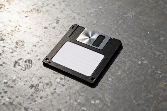 Vintage floppy disk on textured metal surface