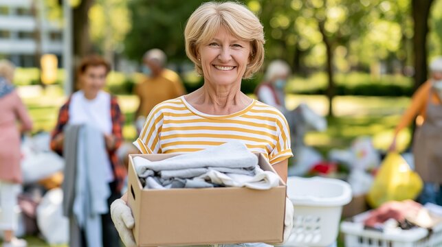 Smiling senior woman volunteering, holding box of donated clothes at community charity event in park