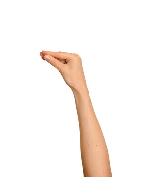 Hand raised with thumb and finger touching playfully. Woman s arm lifted in an expressive talking