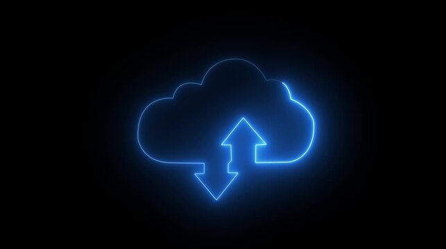 Glowing blue neon cloud icon with upload and download arrows for data transfer and cloud computing