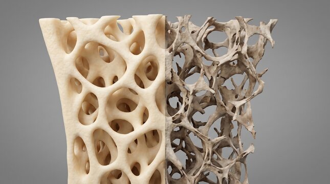 Medical illustration comparing healthy dense trabecular bone structure on the left with porous osteoporotic bone on the right, isolated on a neutral gray background.