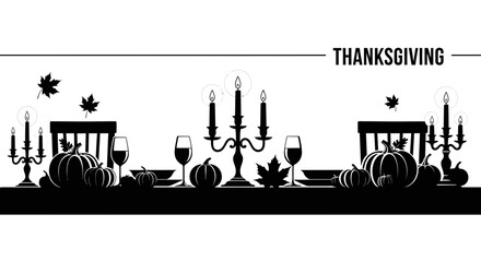 Obraz premium A black and white silhouette illustration of a festive Thanksgiving dinner table setting.