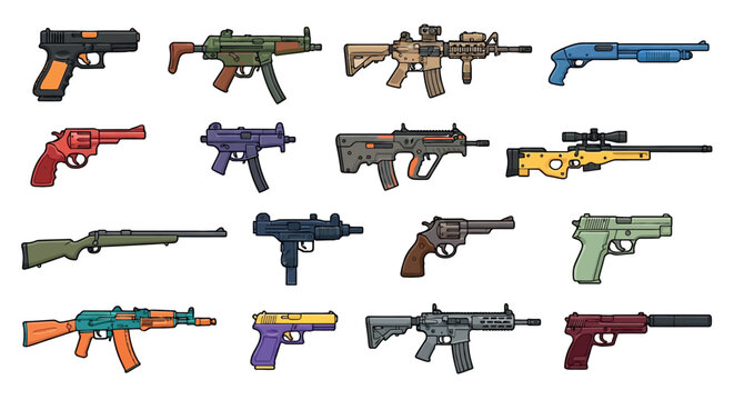 Assortment Of Firearms Vector Illustration On A White Background