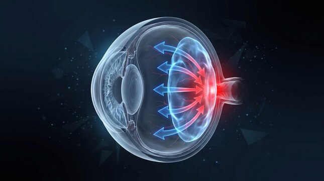 Detailed 3D anatomical cross-section of a human eye showing fluid pressure flow with blue arrows and a red optic nerve highlight, suitable for ophthalmology medical guides