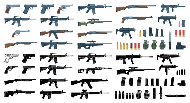 Assortment Of Firearms And Ammunition Vector Illustration