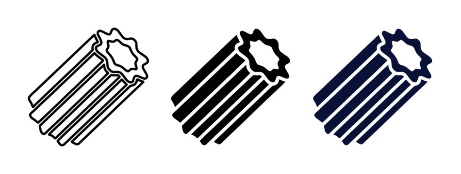 Three stylized celery stalks are depicted in a minimalist icon set, featuring outline, solid black, and dark blue variations on a white background