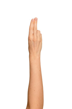 Index and middle fingers raised in a peace-like gesture. Woman s hand showing two extended fingers