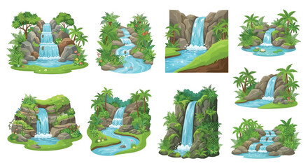 Waterfall Scenes With Lush Vegetation Colorful Vector Illustration © PROMA