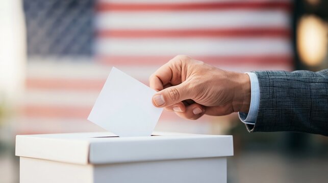 Hand casting a ballot in voting box, representing American election and democratic process with patriotic background
