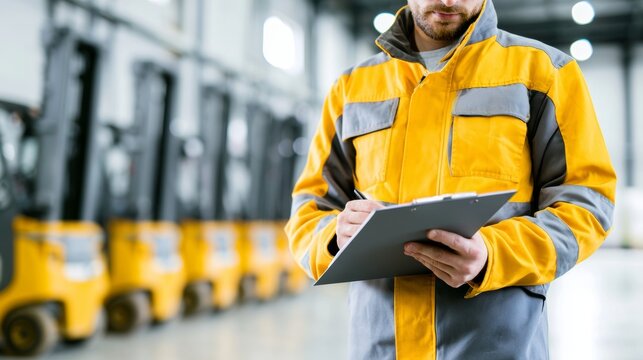 Warehouse worker compiling inventory report, operating modern logistics and distribution processes