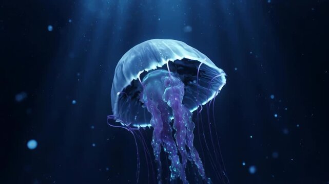 Bioluminescent jellyfish gracefully pulsing underwater with ethereal light rays illuminating deep ocean depths