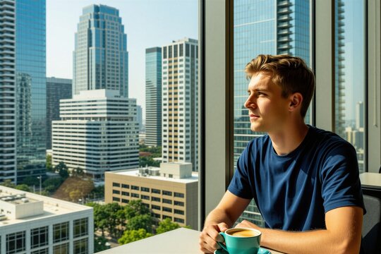 Young man drinks coffee at office table near window. Caucasian guy looks out at city skyline with skyscrapers, business centers during workday. Male professional relaxes with hot drink inside modern
