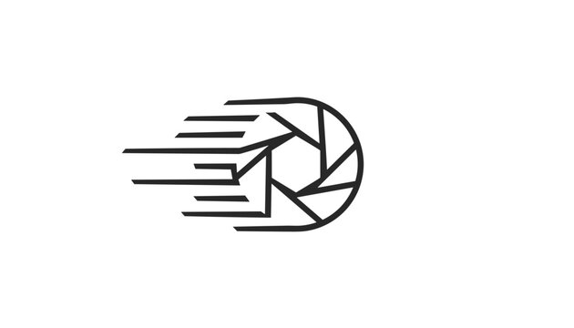 Dynamic abstract camera shutter logo designed with sleek black lines to convey speed, motion, and photographic precision.