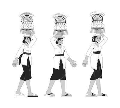Balinese women carrying gebogan fruit offerings line art characters. Ceremonial procession. Indonesian tradition. Bali female walking isolated vector outline people. Black and white spot illustration
